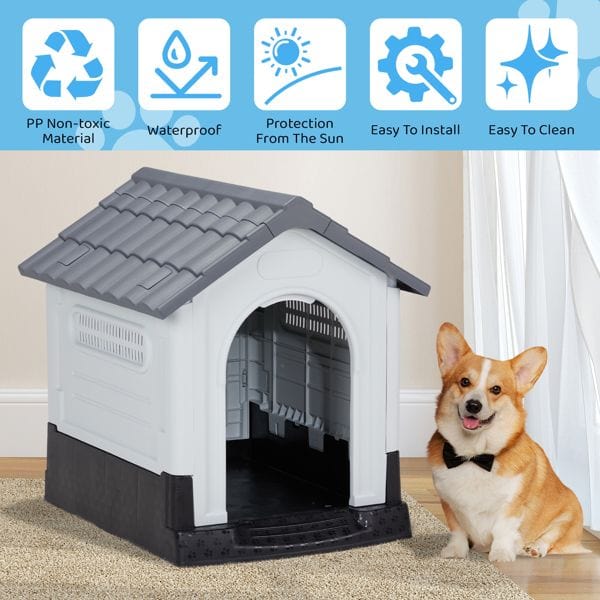 26 inch Plastic Dog House, Indoor Outdoor Doghouse Pet House with Air Vents and Elevated Floor, Insulated Water Resistant Puppy Shelter Kennel for Small Dogs, Gray & White PP Non toxic material