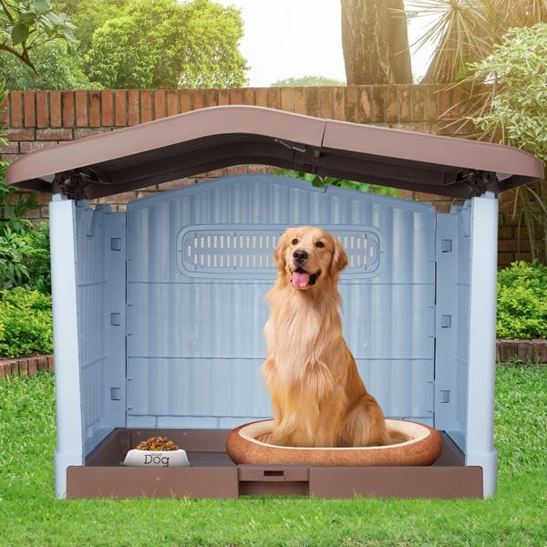 34 inch Large Plastic Dog House with Liftable Roof, Indoor Outdoor Doghouse Puppy Shelter with Detachable Base and Adjustable Bar Window, Brown & White Removal Tray