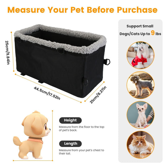Small Dog Car Seat with Harness Center Console Pet Booster Seat Travel Car Seat with Side Pocket Cotton Velvet Cushion for Dogs Cats Up to 9LBS Measrements