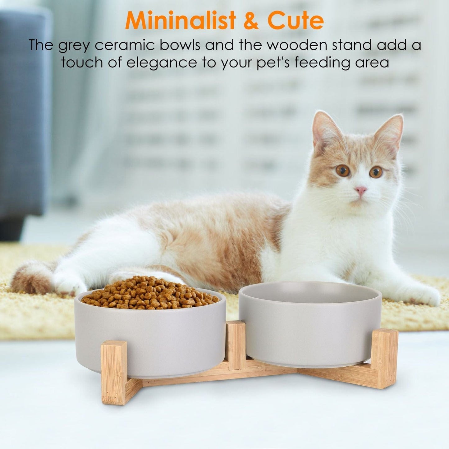 Double 28.7Oz Ceramic Pet Bowls Dog Cat Bowls with Wooden Stand Raised Pet Feeder for Small Dogs Cats Shown with Cat