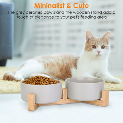 Double 28.7Oz Ceramic Pet Bowls Dog Cat Bowls with Wooden Stand Raised Pet Feeder for Small Dogs Cats Shown with Cat