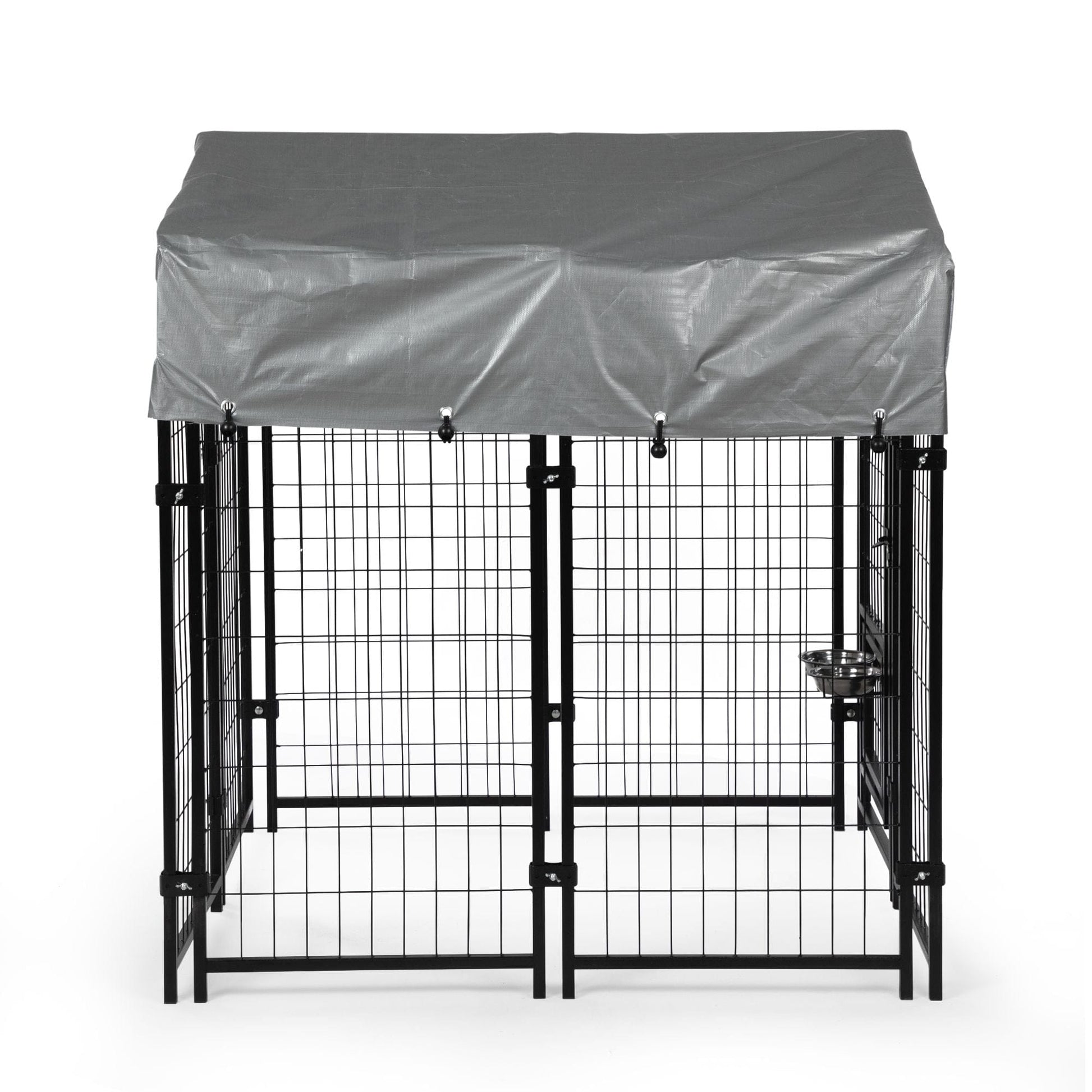 Heavy Duty Dog House, Dog Pen with Roof, Reversible Feeding Door, Stainless Steel Feeding Bowls, Dog Fence Cage for Small to Large Dogs, Dog Kennel Outside, Black with Canopy