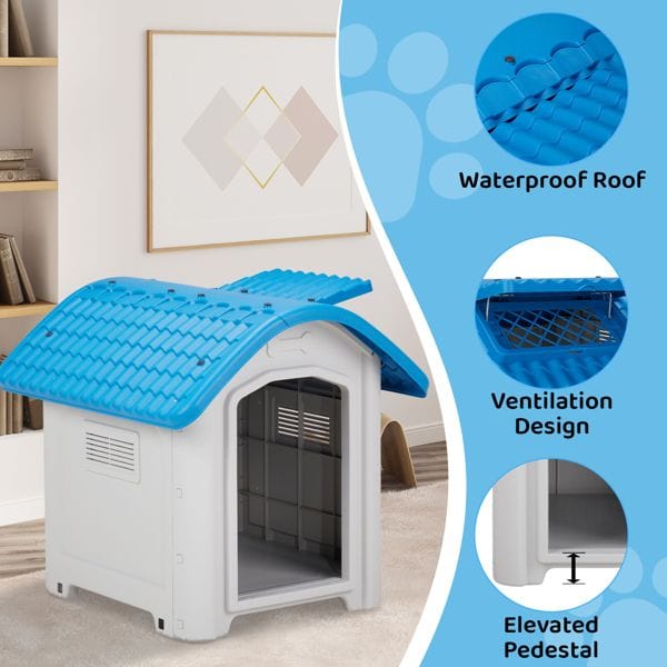 28 inch Raised Plastic Dog House, Outdoor Indoor Doghouse Pet House with Adjustable Sunroof and Elevated Base for Small Dogs, Blue & White Sun protection