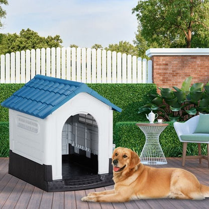 33 inch Large Plastic Dog House, Indoor Outdoor Doghouse Pet House with Air Vents and Elevated Floor, Insulated Water Resistant Puppy Shelter Kennel, Blue & White Sturdy Constrction