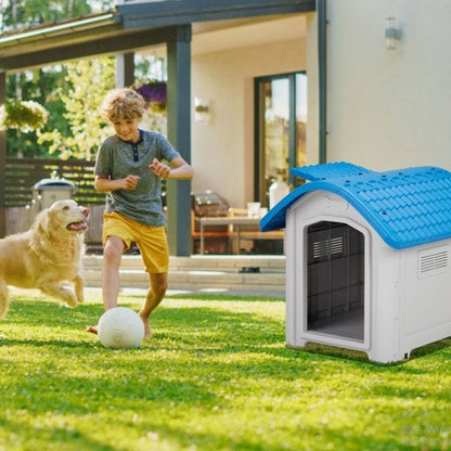 28 inch Raised Plastic Dog House, Outdoor Indoor Doghouse Pet House with Adjustable Sunroof and Elevated Base for Small Dogs, Blue & White Outdoor Use