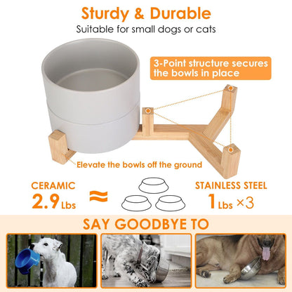 Double 28.7Oz Ceramic Pet Bowls Dog Cat Bowls with Wooden Stand Raised Pet Feeder for Small Dogs Cats Base View