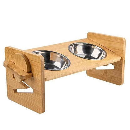 Bamboo Double Dog Raised Bowls 15 Degree Tilt Elevated Dog Bowls with 4 Adjustable Heights 2 Stainless Steel Bowls Pet Feeder for Dogs Cats Rabbits Side View