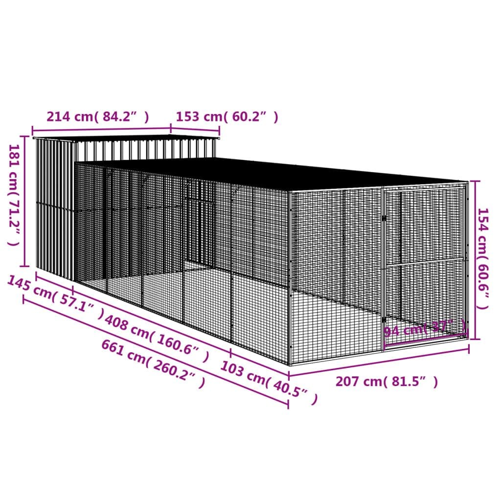 Dog House with Run Anthracite 84.3"x260.2"x71.3" Galvanized Steel with dimensions