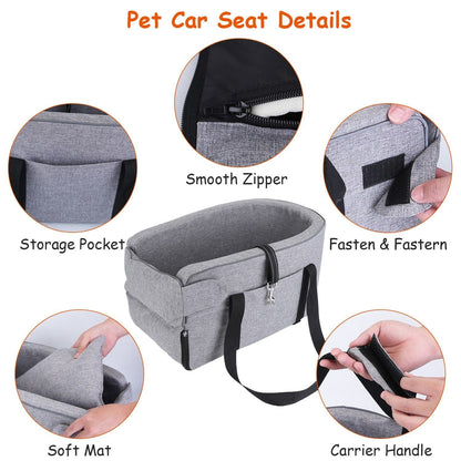 Console Pet Car Seat with Storage Pocket Booster Car Seat Portable Pet Travel Bag Machine Washable Pet Seat Fit For Small Dog Cat Smooth Zipper