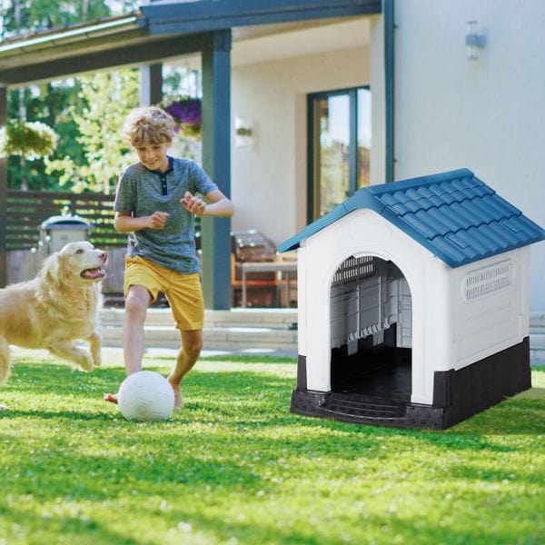 33 inch Large Plastic Dog House, Indoor Outdoor Doghouse Pet House with Air Vents and Elevated Floor, Insulated Water Resistant Puppy Shelter Kennel, Blue & White Blue and White