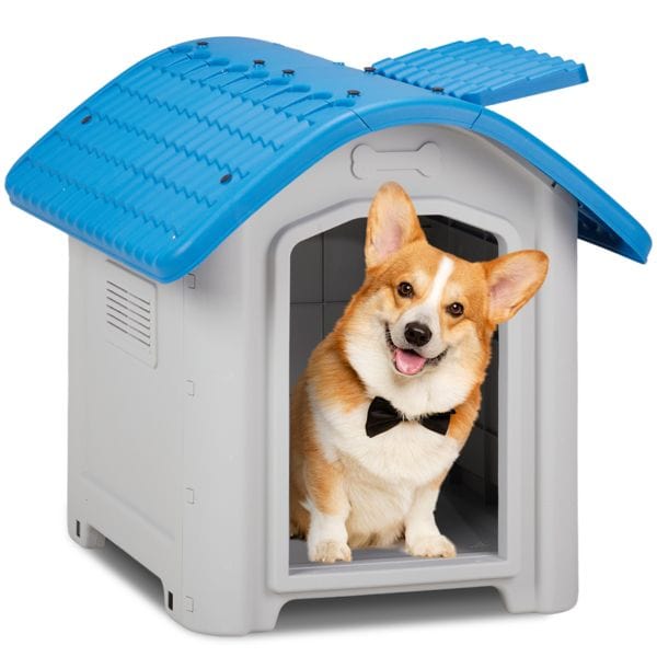 28 inch Raised Plastic Dog House, Outdoor Indoor Doghouse Pet House with Adjustable Sunroof and Elevated Base for Small Dogs, Blue & White Shown with dog