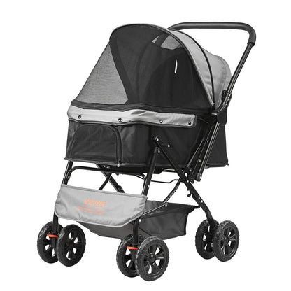 VEVOR Pet Stroller, 4 Wheels Dog Stroller Rotate with Brakes, 44lbs Weight Capacity, Puppy Stroller with Reversible Handlebar, Storage Basket and Zipper, for Dogs and Cats Travel, Black + Grey