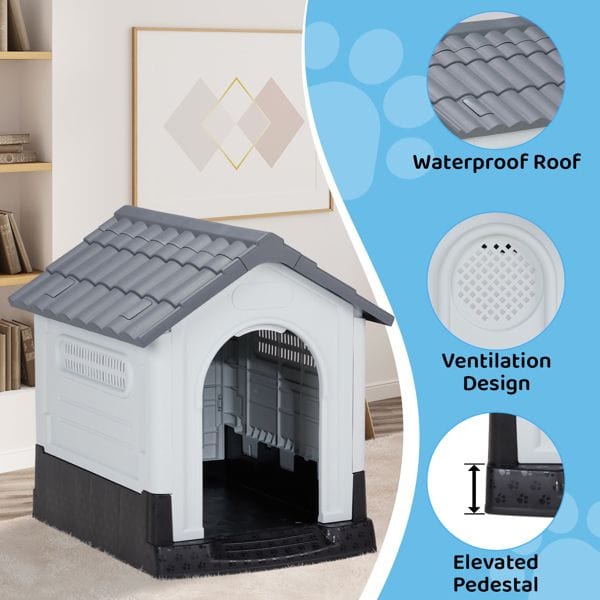 33 inch Large Plastic Dog House, Indoor Outdoor Doghouse Pet House with Air Vents and Elevated Floor, Insulated Water Resistant Puppy Shelter Kennel, Gray & White Ventilation