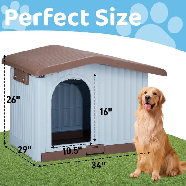 34 inch Large Plastic Dog House with Liftable Roof, Indoor Outdoor Doghouse Puppy Shelter with Detachable Base and Adjustable Bar Window, Brown & White Dimensions