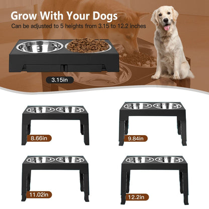 Dog Raised Bowls with 6 Adjustable Heights Stainless Steel Elevated Dog Bowls Foldable Double Bowl Dog Feeder for Small Medium Large Size Dog with dimensions