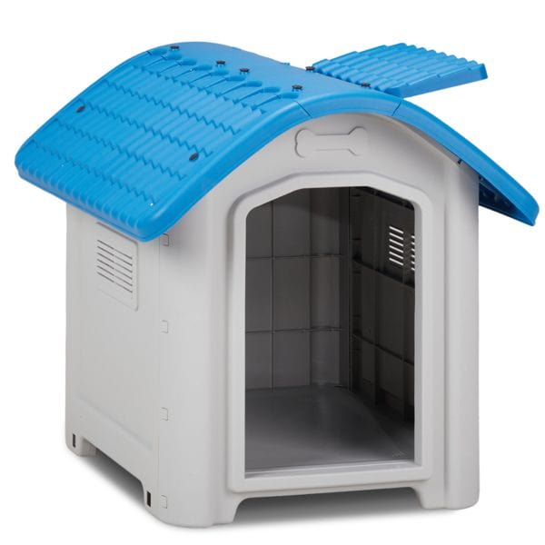 28 inch Raised Plastic Dog House, Outdoor Indoor Doghouse Pet House with Adjustable Sunroof and Elevated Base for Small Dogs, Blue & White Main view