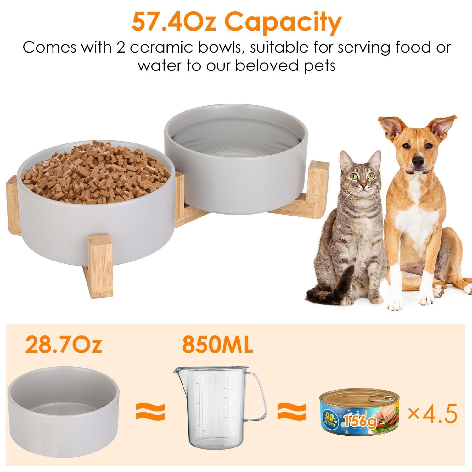 Double 28.7Oz Ceramic Pet Bowls Dog Cat Bowls with Wooden Stand Raised Pet Feeder for Small Dogs Cats 57.4 oz capacity