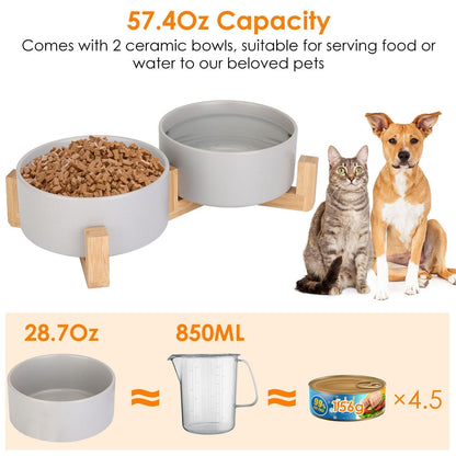 Double 28.7Oz Ceramic Pet Bowls Dog Cat Bowls with Wooden Stand Raised Pet Feeder for Small Dogs Cats 57.4 oz capacity