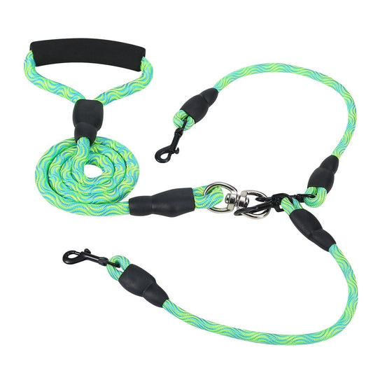 Double Dogs Leash No-Tangle Dogs Lead Reflective Dogs Walking Leash w/ Swivel Coupler Padded Handle Green