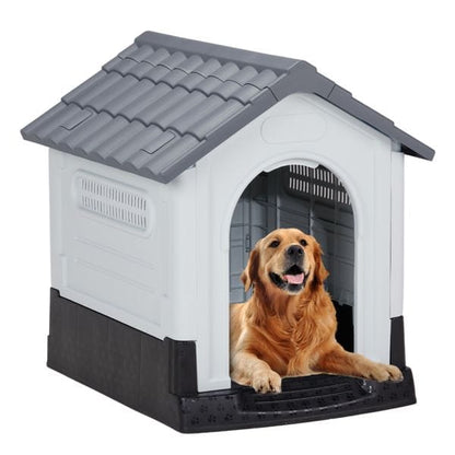 33 inch Large Plastic Dog House, Indoor Outdoor Doghouse Pet House with Air Vents and Elevated Floor, Insulated Water Resistant Puppy Shelter Kennel, Gray & White Safe for all weather