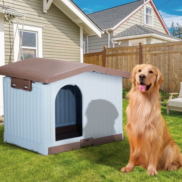 34 inch Large Plastic Dog House with Liftable Roof, Indoor Outdoor Doghouse Puppy Shelter with Detachable Base and Adjustable Bar Window, Brown & White In Yard