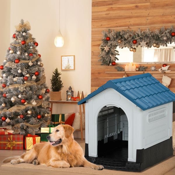 33 inch Large Plastic Dog House, Indoor Outdoor Doghouse Pet House with Air Vents and Elevated Floor, Insulated Water Resistant Puppy Shelter Kennel, Blue & White Open Slats for ventilation