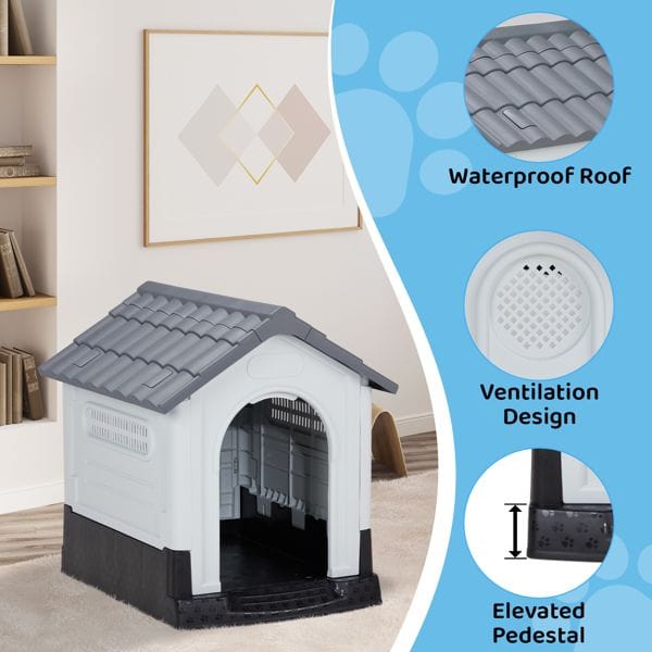 26 inch Plastic Dog House, Indoor Outdoor Doghouse Pet House with Air Vents and Elevated Floor, Insulated Water Resistant Puppy Shelter Kennel for Small Dogs, Gray & White Easty Install