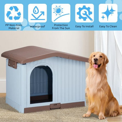 34 inch Large Plastic Dog House with Liftable Roof, Indoor Outdoor Doghouse Puppy Shelter with Detachable Base and Adjustable Bar Window, Brown & White PP non toxic material