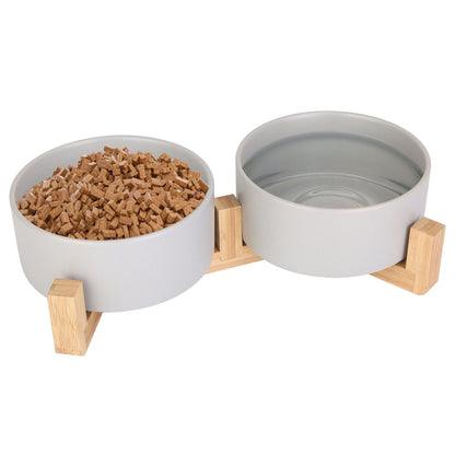 Double 28.7Oz Ceramic Pet Bowls Dog Cat Bowls with Wooden Stand Raised Pet Feeder for Small Dogs Cats Front View