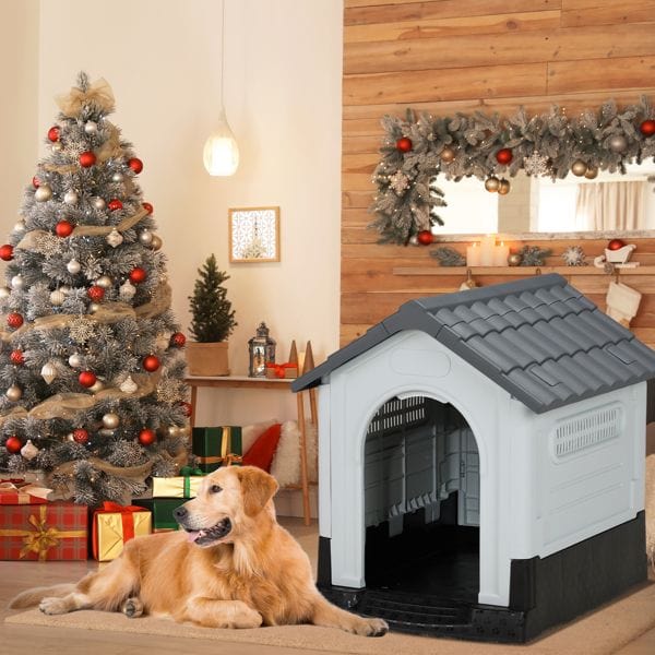 33 inch Large Plastic Dog House, Indoor Outdoor Doghouse Pet House with Air Vents and Elevated Floor, Insulated Water Resistant Puppy Shelter Kennel, Gray & White House Indoors