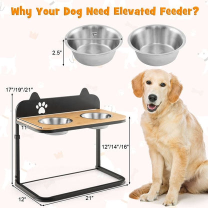 Dog Bowl Stand with 2 Stainless Steel Food Water Bowls Dimenstions