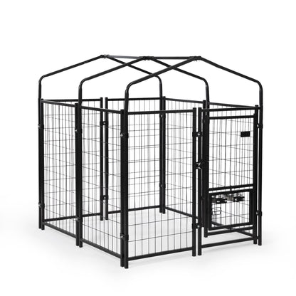 Heavy Duty Dog House, Dog Pen with Roof, Reversible Feeding Door, Stainless Steel Feeding Bowls, Dog Fence Cage for Small to Large Dogs, Dog Kennel Outside, Black Sturdy