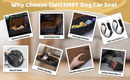 Dog Car Seat Dual Seat Removable Cleaning Coral Fleece Pet Seat with Storage Bag and Safety Belt Fixed Pet Car Seat Suitable for Small and Medium Dogs Car Seat Travel Dog Car Bed (Dual Seat) Has  Extended Back