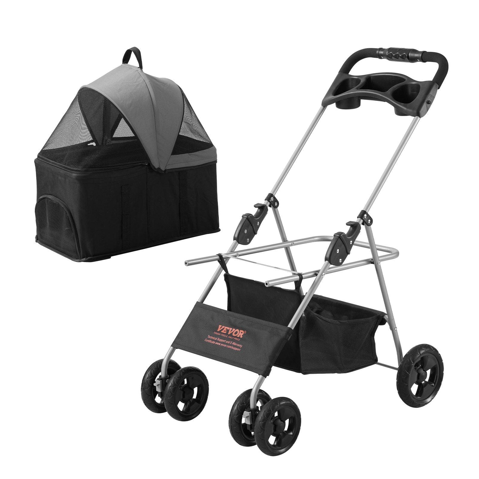VEVOR Pet Stroller, 4 Wheels Dog Stroller Rotate with Brakes, 35lbs Weight Capacity, Puppy Stroller with Detachable Carrier, Storage Basket and Cup Holder, for Dogs and Cats Travel, Black + Dark Grey