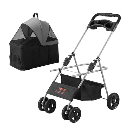 VEVOR Pet Stroller, 4 Wheels Dog Stroller Rotate with Brakes, 35lbs Weight Capacity, Puppy Stroller with Detachable Carrier, Storage Basket and Cup Holder, for Dogs and Cats Travel, Black + Dark Grey