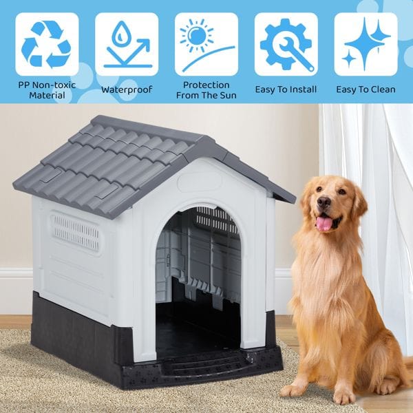 33 inch Large Plastic Dog House, Indoor Outdoor Doghouse Pet House with Air Vents and Elevated Floor, Insulated Water Resistant Puppy Shelter Kennel, Gray & White Non toxic material