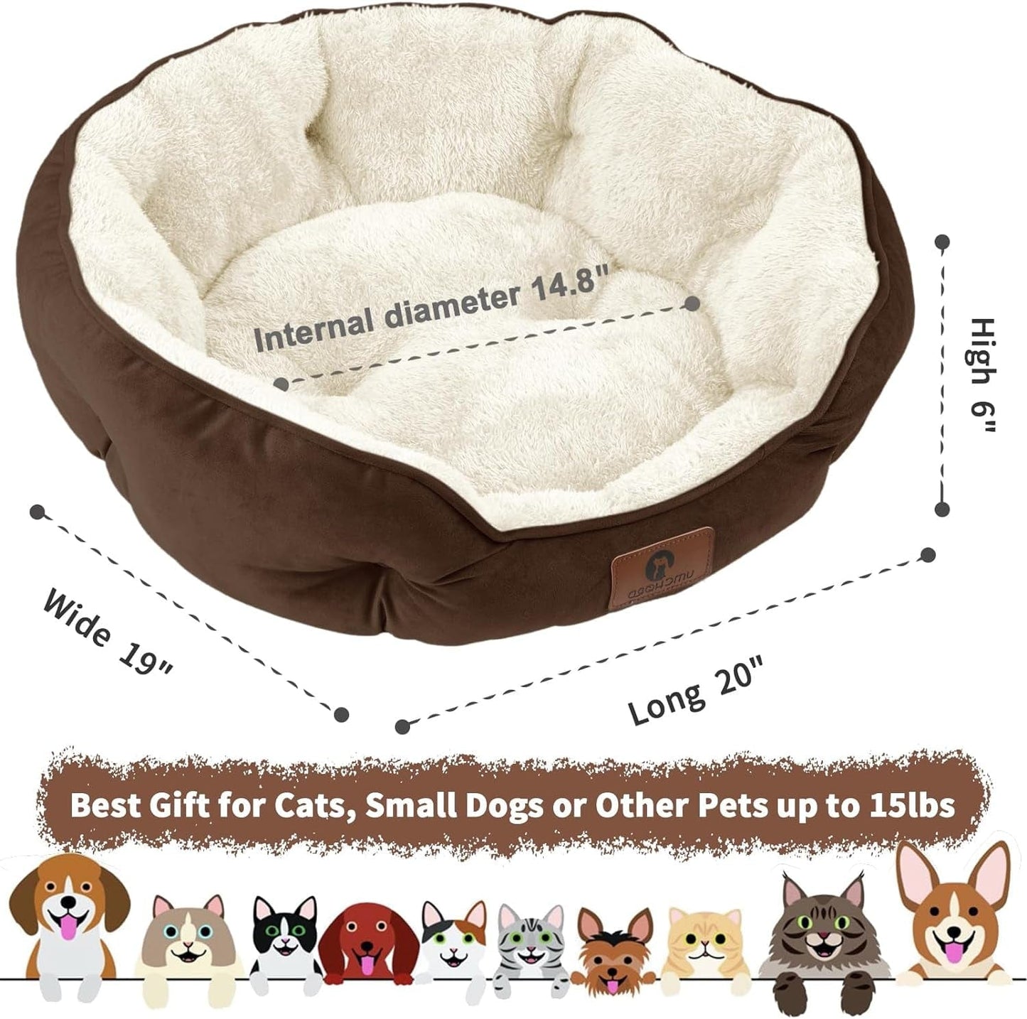 Small Dog Bed for Small Dogs, Pet Bed for Puppy, Extra Soft & Machine Washable with Anti-Slip & Water-Resistant Oxford Bottom, Brown, 20 Inches