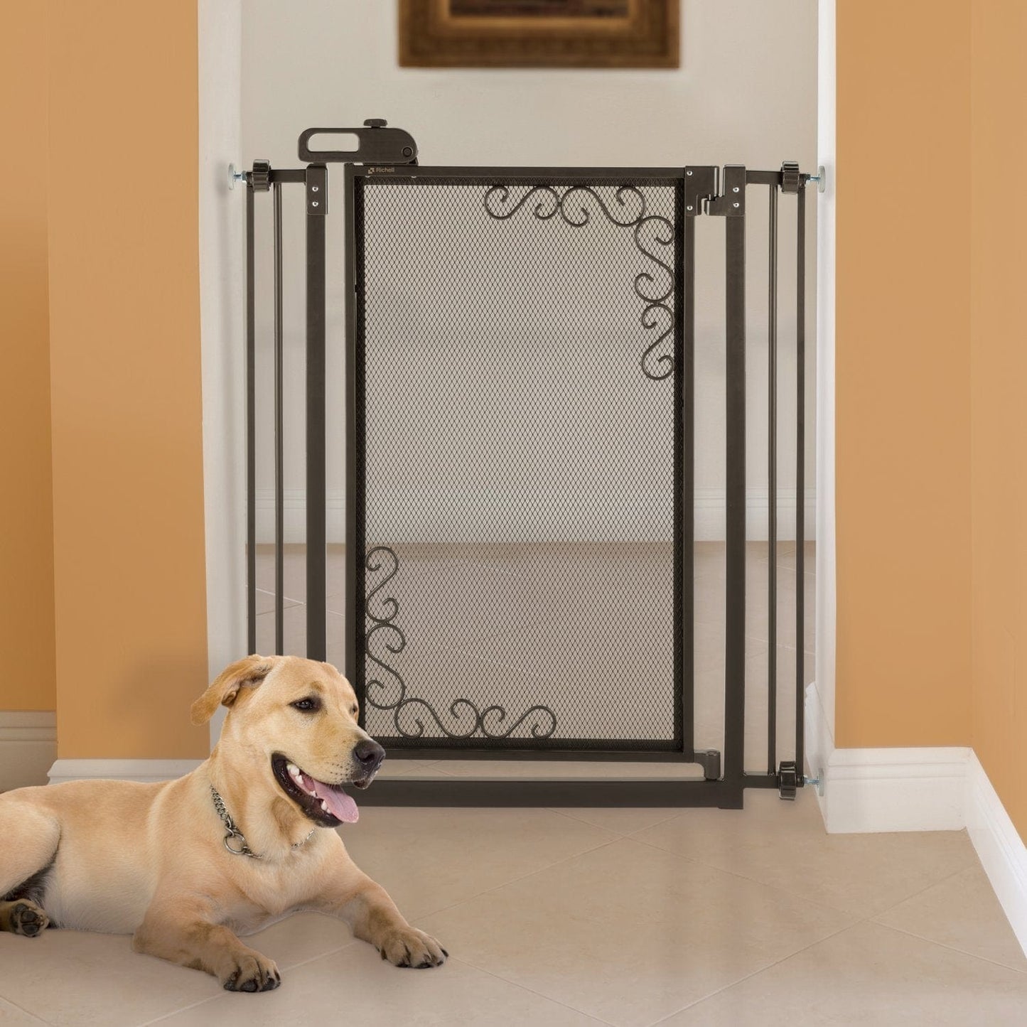 Richell Tall One-Touch Metal Mesh Antique Bronze Pet Gate, 36.5" L X 2.4" W X 40